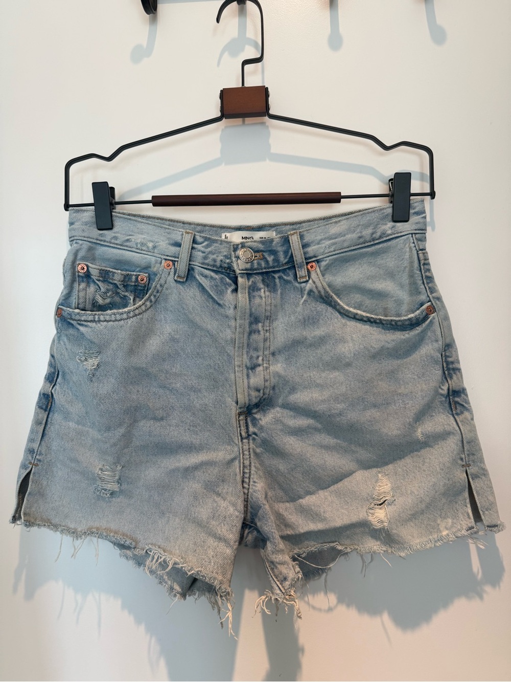 Mango Light Blue Distressed Denim Shorts